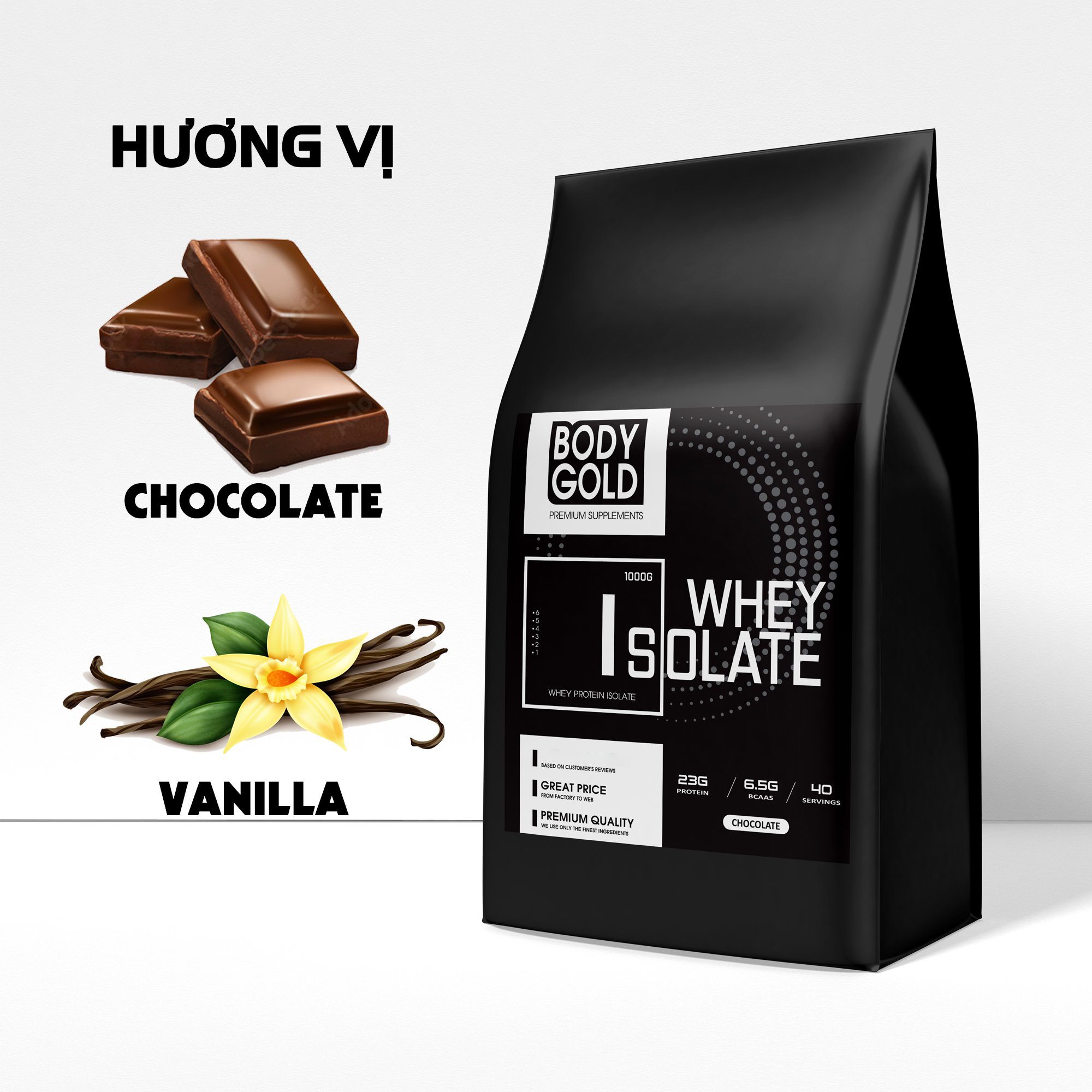 Sữa Giảm Mỡ Tăng Cơ Whey Protein Isolate Body Gold 1Kg Vị Chocolate - Tặng Bình Lắc