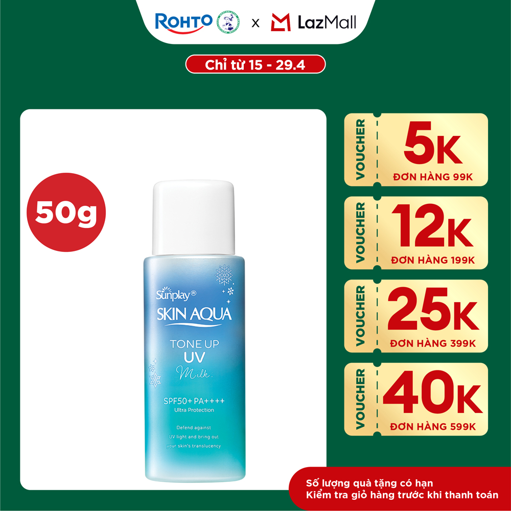 Kem chống nắng nâng tông Skin Aqua Tone up Blue cho da vàng có khuyết điểm đỏ, dạng sữa Sunplay Skin Aqua Tone Up UV Milk Blue SPF 50+ PA++++ 50g
