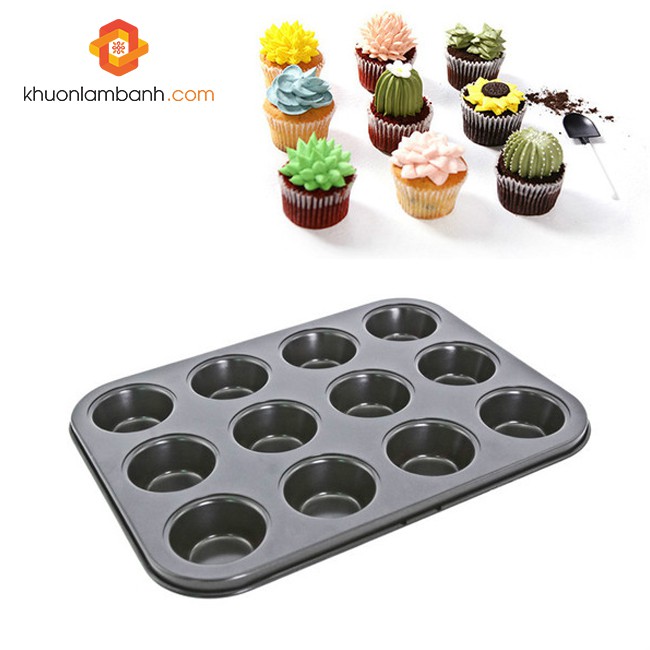 Khuôn bánh cupcake 12 lỗ chống dính đáy liền 7cm