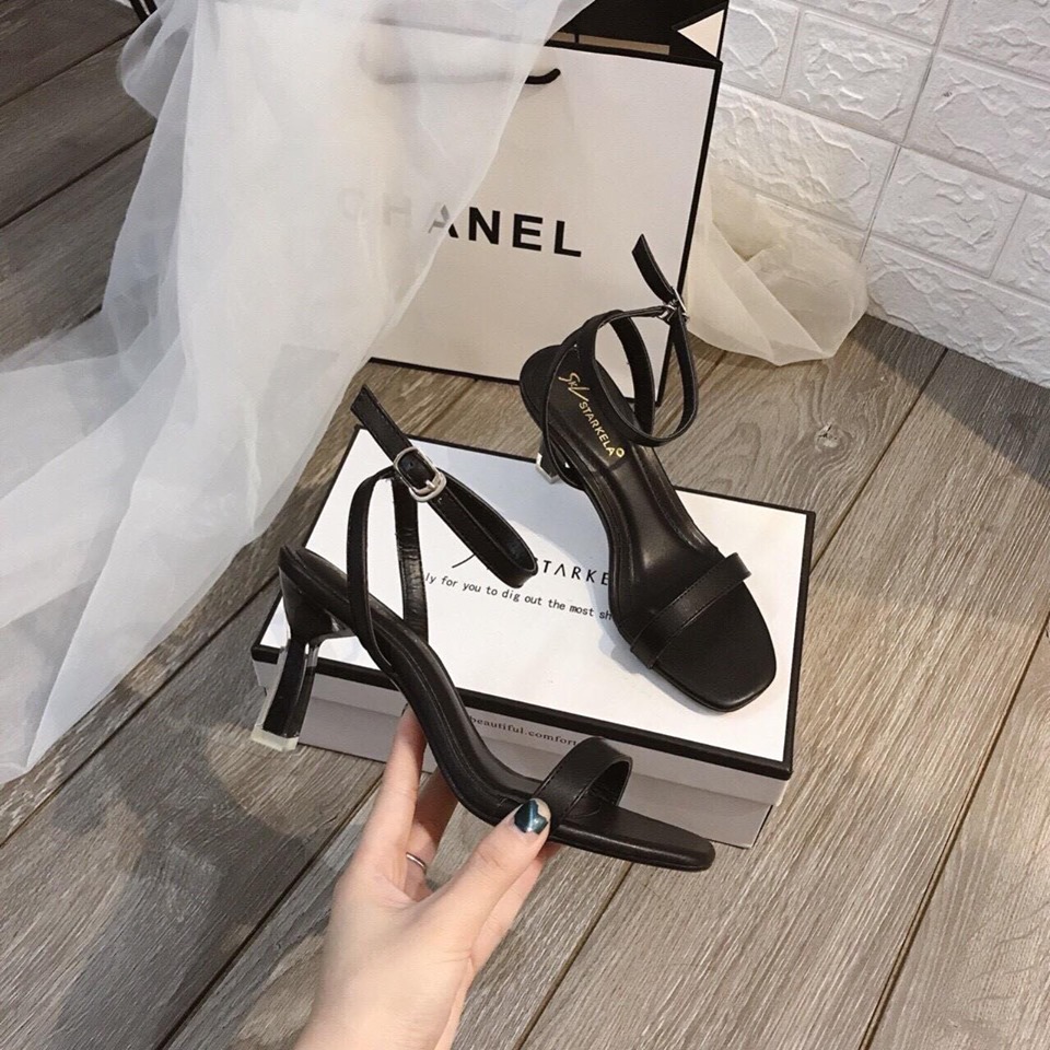 Sandal gót đục 6p da lì hở gót có đen và nâu tây