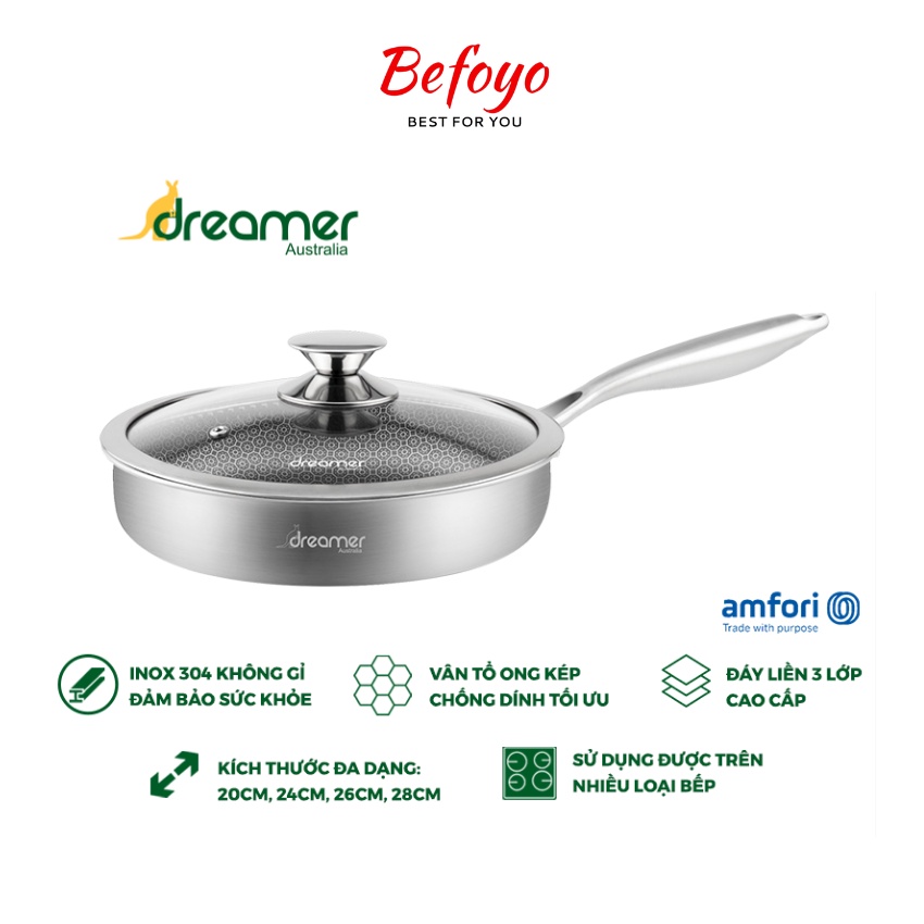 Chảo chống dính bếp từ inox dreamer úc cao cấp - cấu trúc tổ ong - nắp kính - size 20 - 24 - 26 - 28cm - dreamer - befoyo