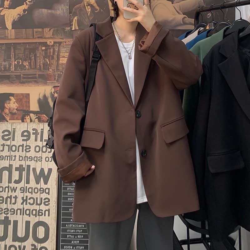 Áo blazer dáng rộng 2 lớp màu nâu phong cách retro