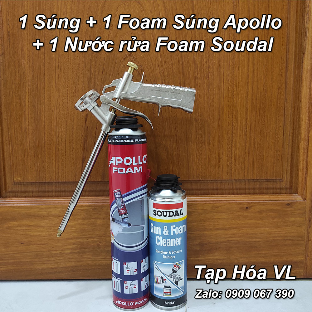 1 sung bắn foam bọt nở + 1 foam sung apollo 750ml + 1 nước rửa foam soudal 500ml