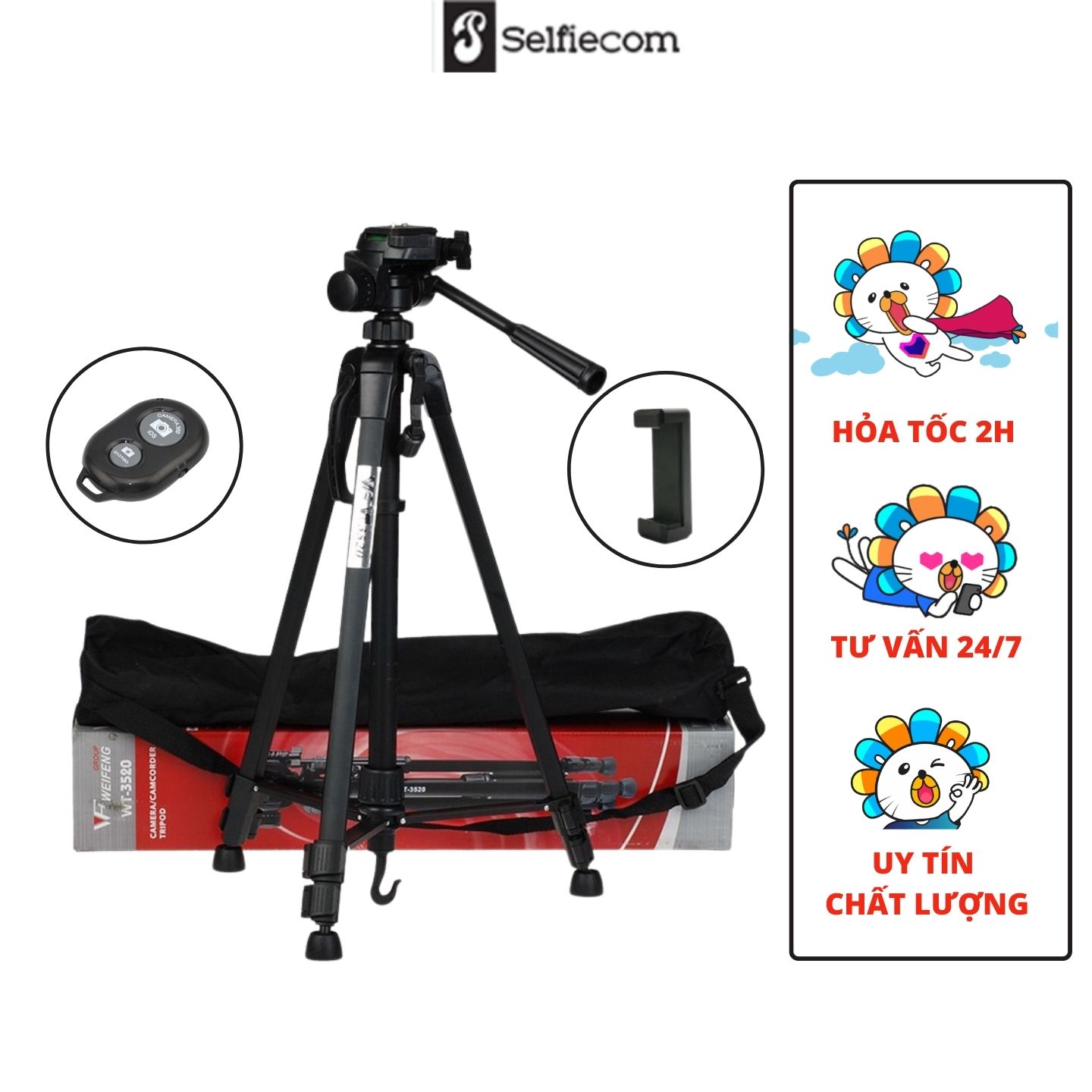 Tripod, chân đế điện thoại, máy ảnh WEIFENG WT-3520, tặng kèm remote, túi đựng và đầu kẹp điện thoại