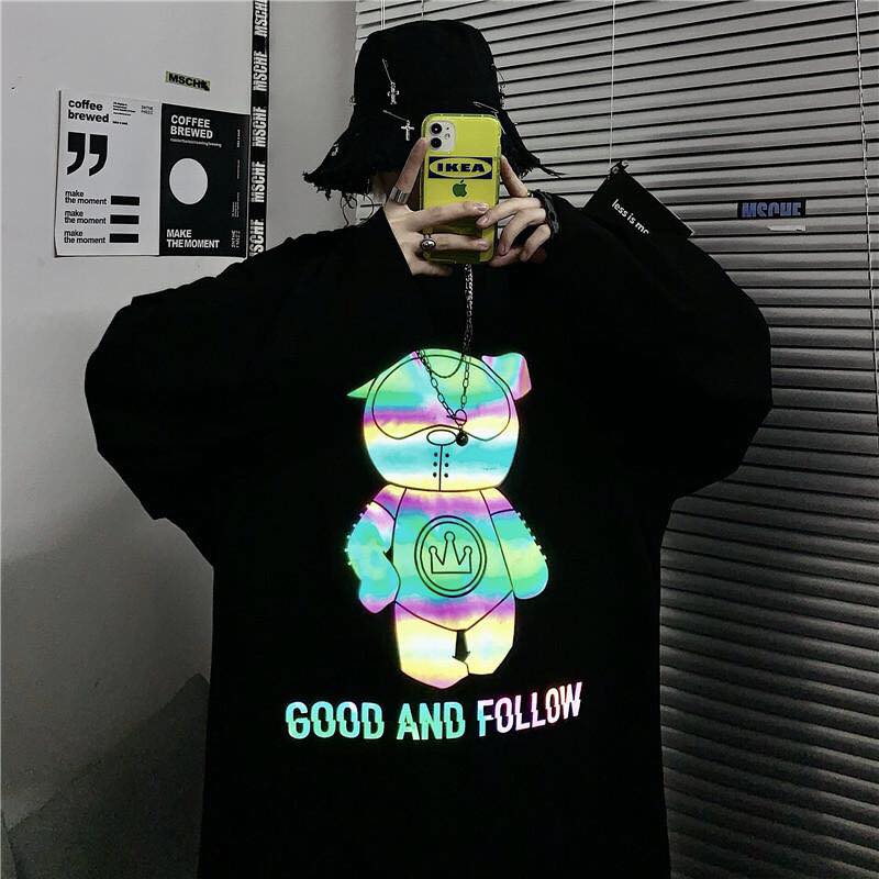Áo thun tay dài dáng rộng in hình phản quang long tee unisex - mm