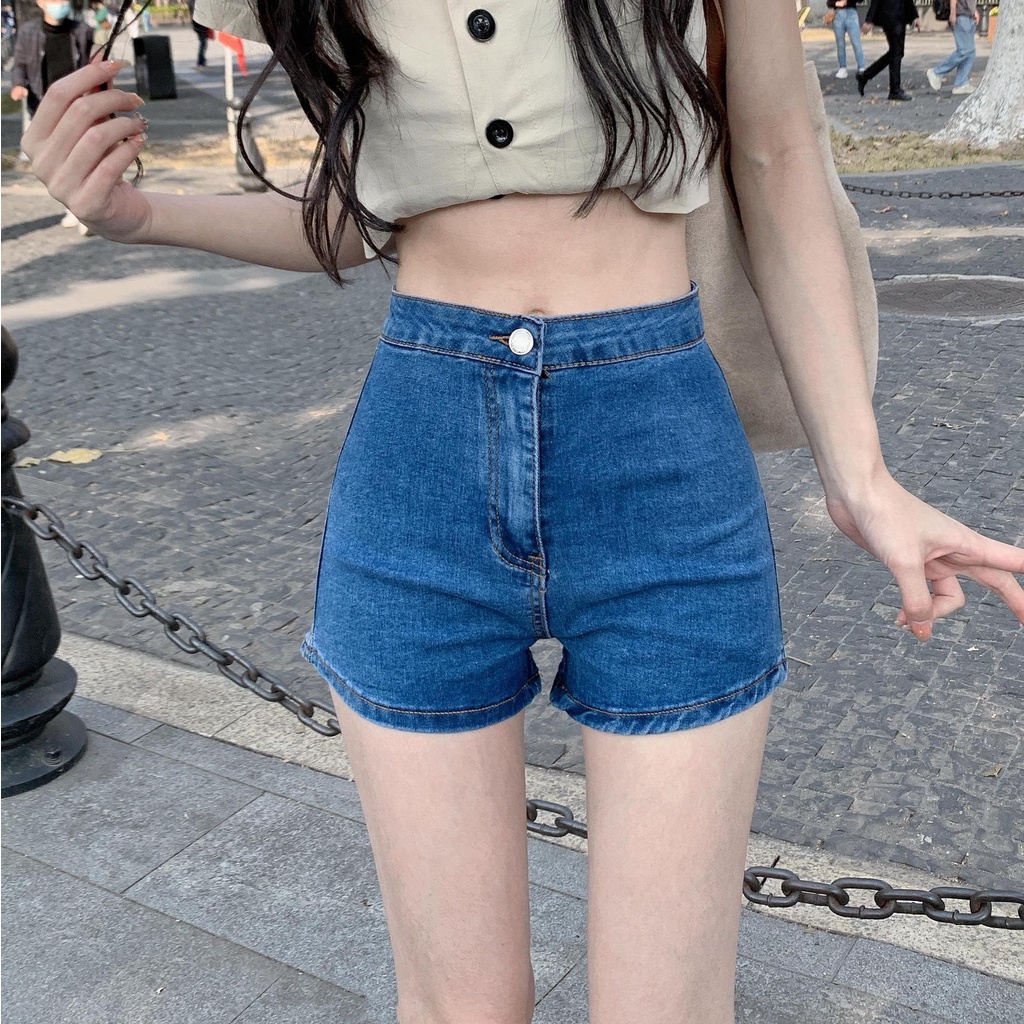 Quần short nữ , quần short jean nữ lưng cao màu xanh màu đen vải bò Quảng Châu dày dặn không phai màu Bigsize