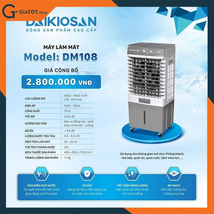 Máy làm mát không khí Daikiosan DM108, quạt điều hòa điện dân dụng chính hãng
