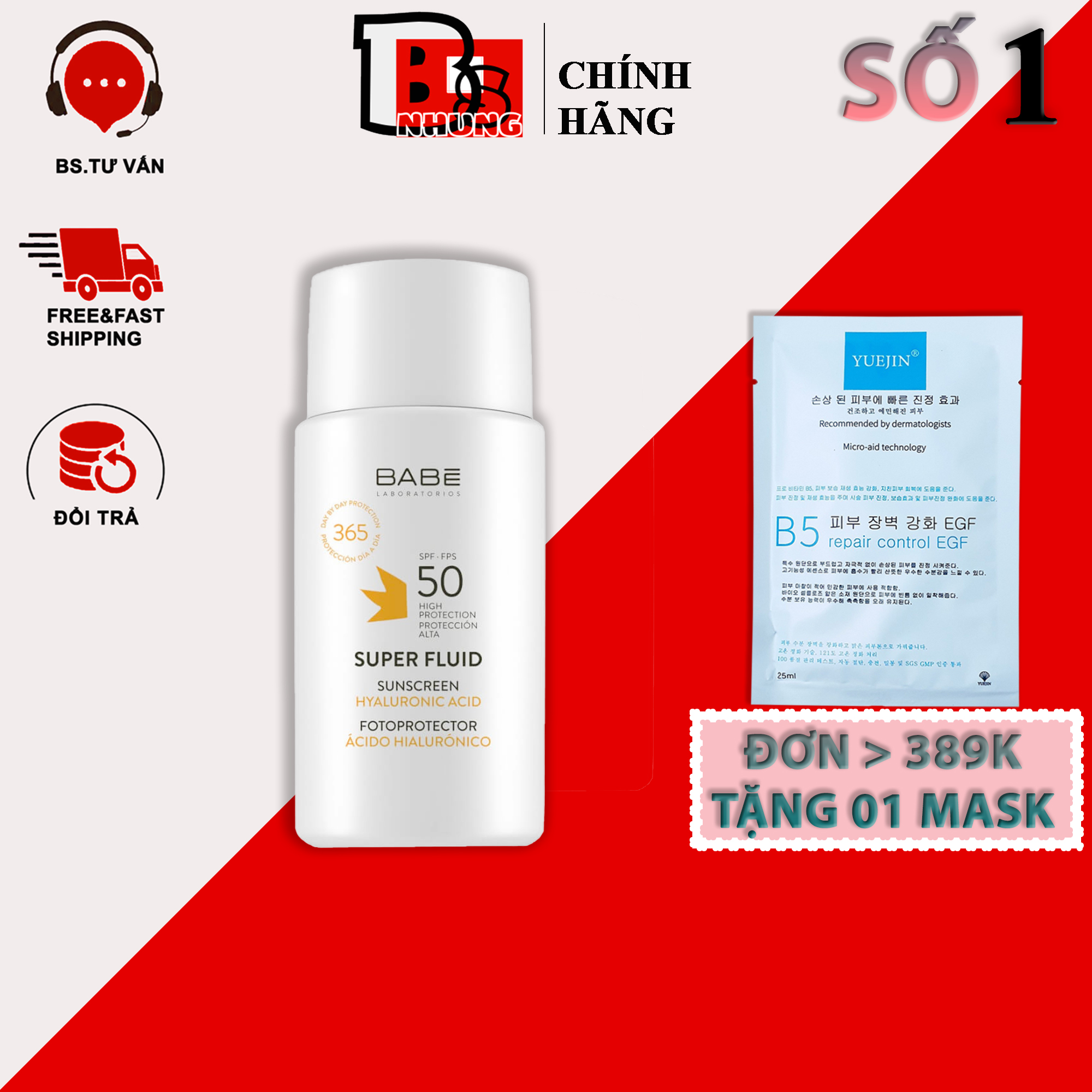 Kem chống nắng BABE Super Fluid Mattifying sunscreen SPF 50 phổ rộng, kiểm soát dầu 50ml