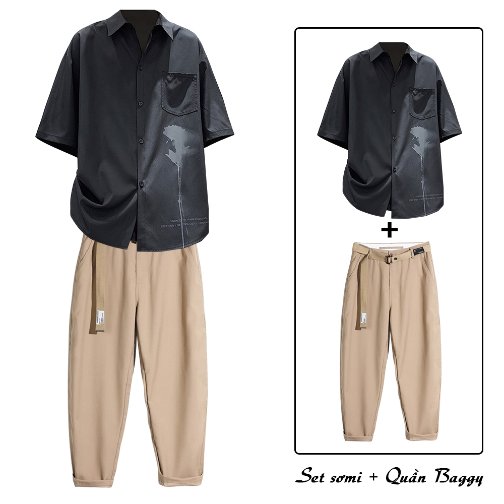 Combo Áo Sơ Mi Nam Họa Tiết Hoa Hồng Lịch Lãm Kết Hợp Quần Tây Âu Chinos Dáng Baggy Hàn Quốc Thanh Lịch SMARTLY GIRL SOMI 41 + JOGGER 66