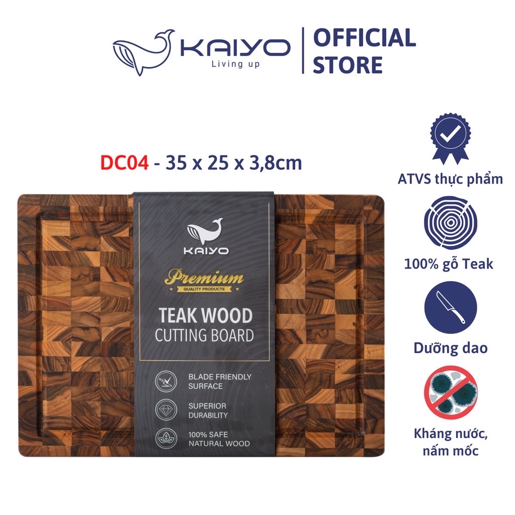 Thớt gỗ chặt Teak Kaiyo DC04 hàng chính hãng chất lượng cao, kích thước 35x25x3,8cm, chống cong vênh, nấm mốc.
