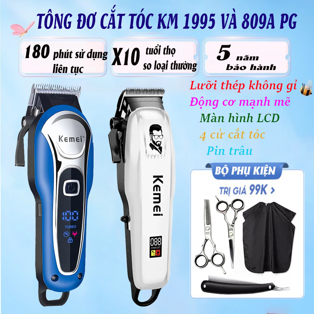 (BẢO HÀNH 5 NĂM) Tông đơ cắt tóc không dây chuyên nghiệp Kemei 1995 Tăng Đơ Hớt Tóc, Máy Cắt Tóc Chuyên Nghiệp Gia Đình,Trẻ Em, màn LCD, chống rung, chống ồn