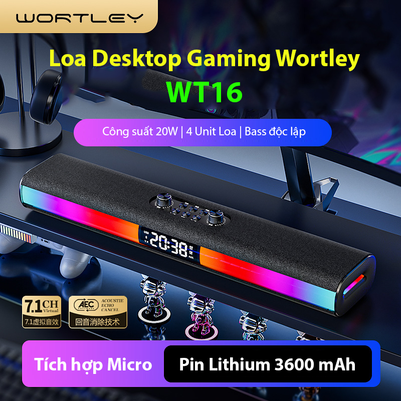 Loa Bluetooth Wortley WT16 Công suất 25W - Đèn LED RGB 9 Chế Độ Nháy Theo Nhạc, Chip C-Media eSports 7.1, Điều Chỉnh Bass Treble Độc Lập, Kết Nối PC Máy Tính Laptop