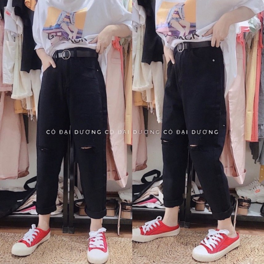 Quần baggy kaki nữ lưng cao kiểu trơn basic và rách gối nhẹ hai màu Đen/ Trắng - Chuyên sỉ jean TL_HCM