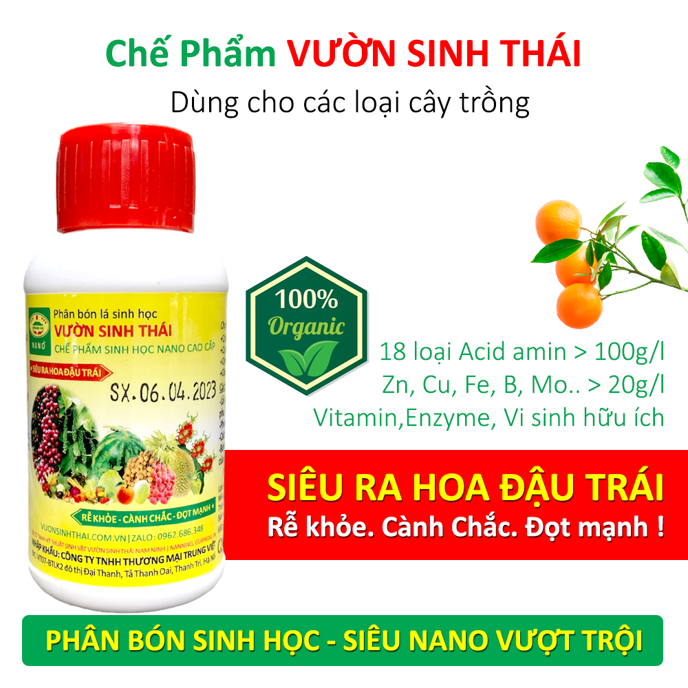 Phân bón lá sinh học NANO cao cấp VƯỜN SINH THÁI. Giúp rễ khỏe, cành chắc, đọt mạnh, ra hoa đậu quả nhiều. Ức chế sâu, bệnh gây hại