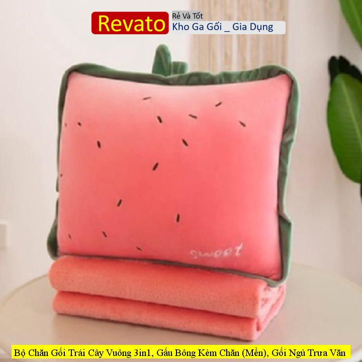 Bộ chăn gối trái cây vuông 3in1, gấu bông kèm chăn , gối ngủ trưa văn phòng, chăn gối văn phòng siêu dễ thương