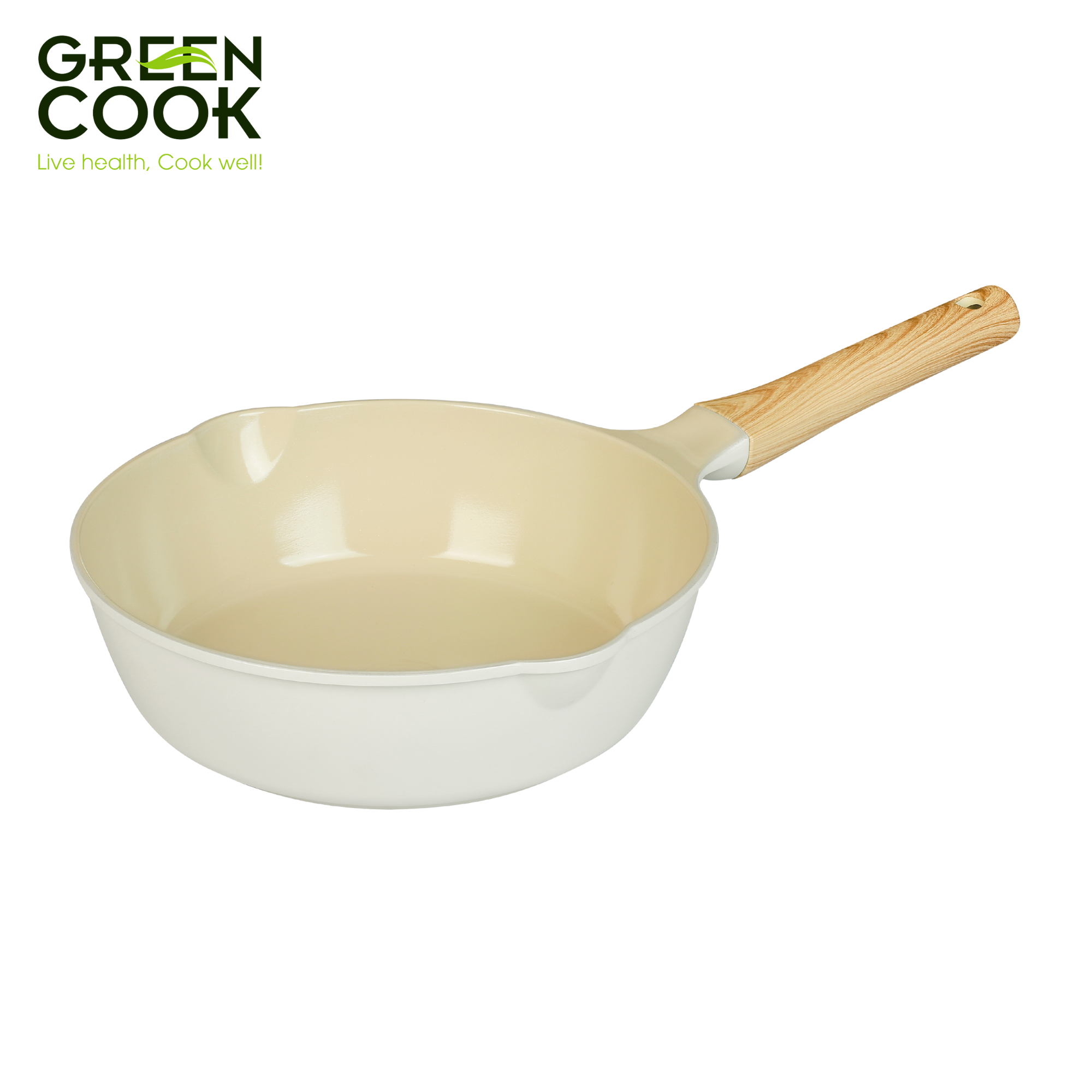 Chảo đúc Green Cook men gốm IVORY GCP236 miệng rót - Dùng mọi loại bếp - Hàng chính hãng Greencook