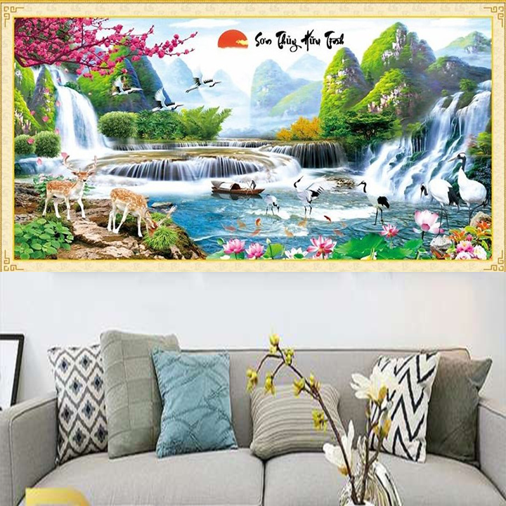 Tranh thêu chữ thập sơn thủy hữu tình mn0078 - kích thước 180 * 80
