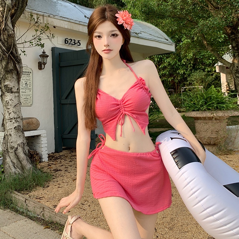 Hàng Mới Về Bộ Đồ Bơi Ba Mảnh Màu Đỏ Hồng Tươi Sáng Phong Cách Nhật Bản Hàn Quốc Quyến Rũ Cho Nữ