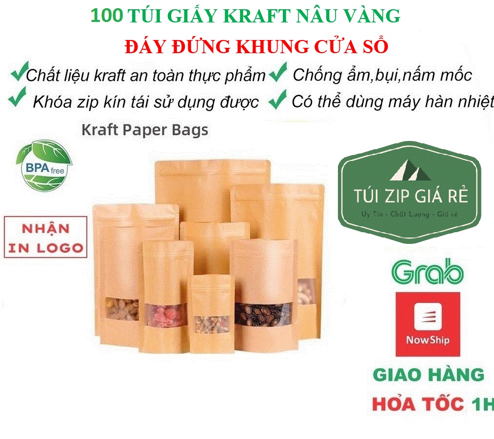 Túi zip đựng thực phẩm túi giấy Kraft đáy đứng có cửa sổ vàng túi đựng thực phẩm nhiều size tiện lợi