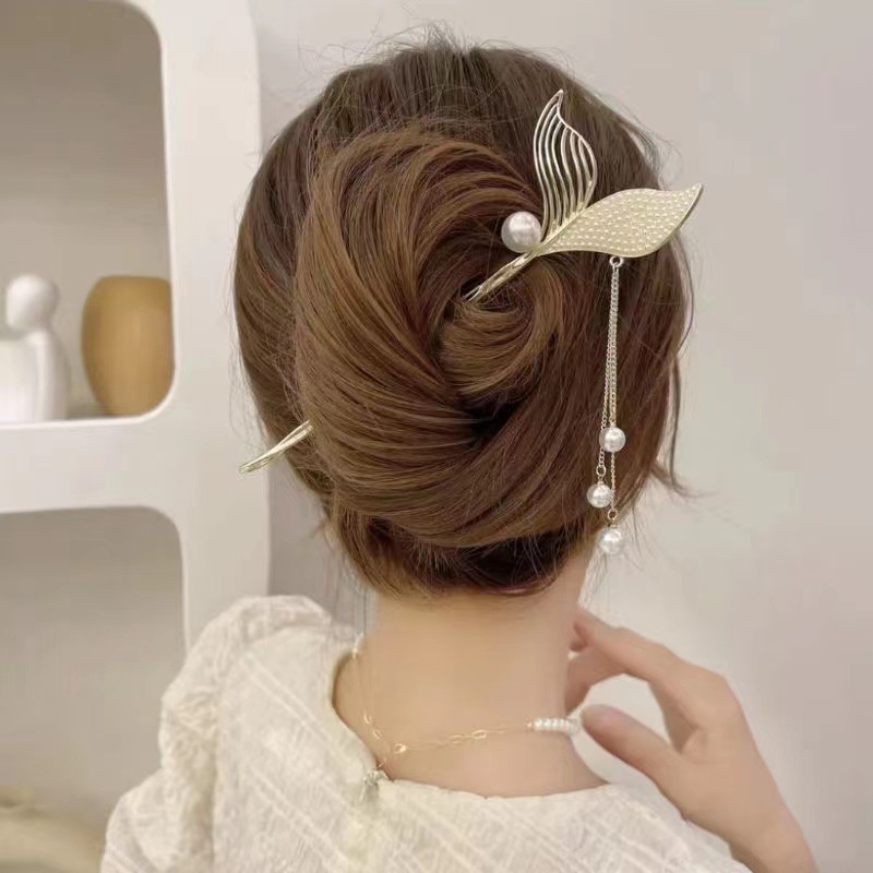 Trâm cài tóc đuôi cá đính ngọc trai nhân tạo, kèm dây rũ đẹp sang trọng