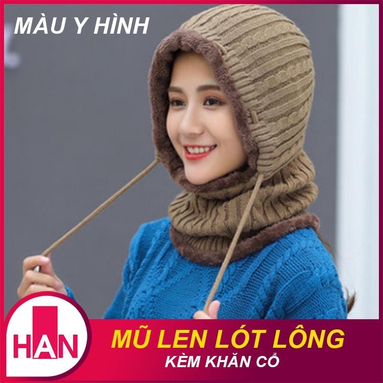 Mũ len lót nỉ- trùm đầu liền khăn choàng cổ lót lông ấm áp cho cả nam và nữ