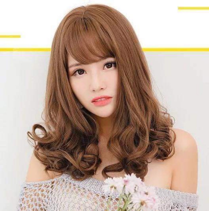 tóc giả nữ nguyên đầu xoăn ngang vai, tóc giả bộ cả đầu, tóc mái thưa hàn quốc, tóc giả ngắn