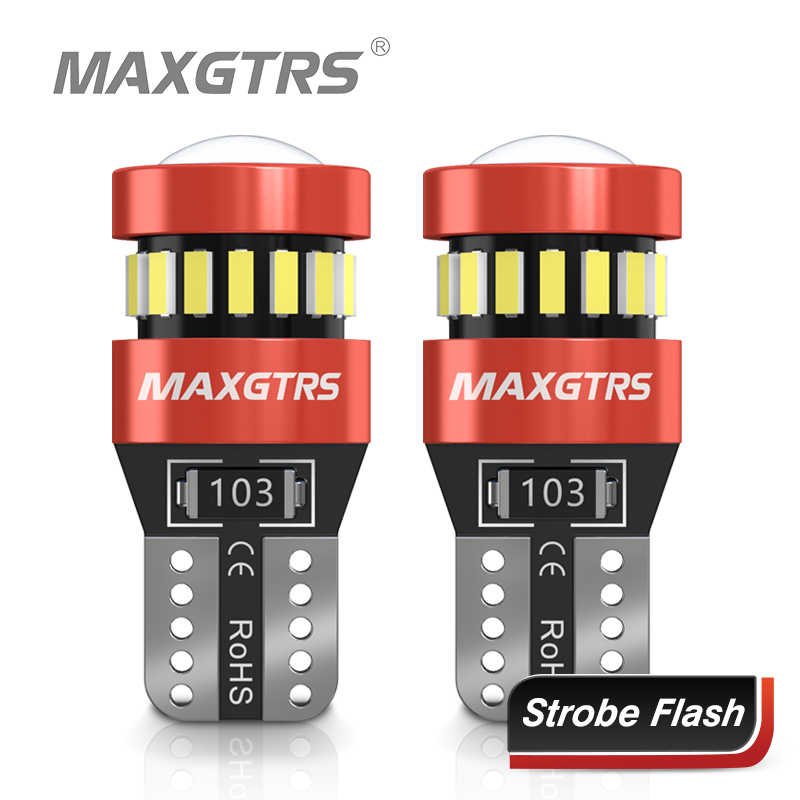 Maxgtrs 2x t10 led flash strobe w5w canbus light bulbs car parking wedge clearance lights white red yellow ice blue lens no error 12v