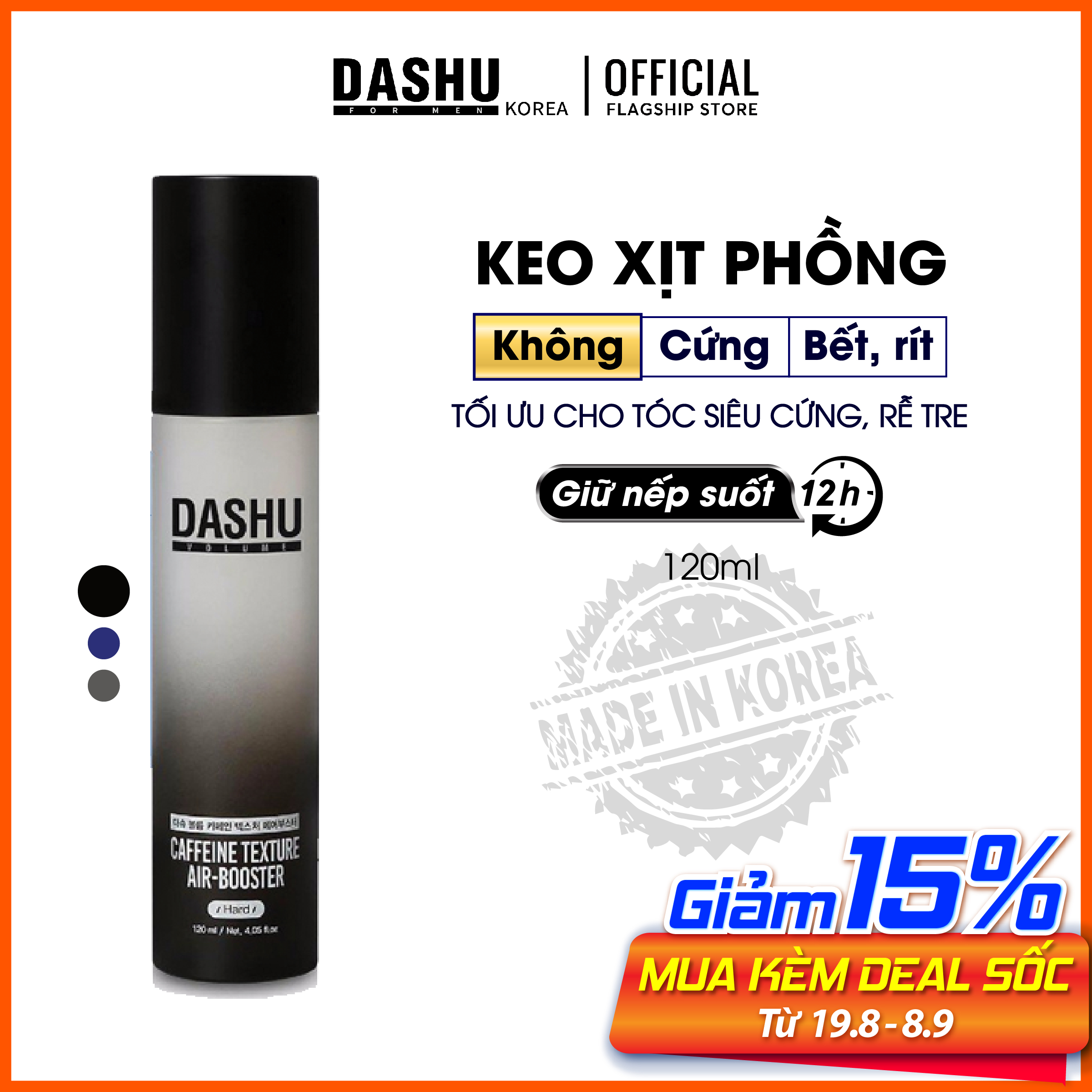 Keo xịt tóc, tạo kiểu, giữ nếp, làm phồng tóc dùng cho Nam/Nữ tóc ngắn vừa Dashu Volume Caffeine Texture Air Booster 120ml (Hard), 90% thành phần tự nhiên, 14 loại thảo dược giúp xịt dưỡng tóc, bảo vệ da đầu, nang tóc.