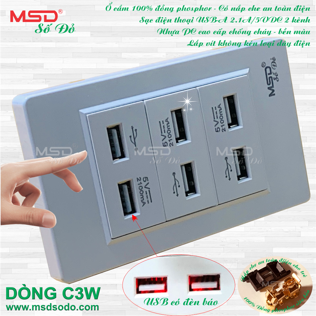 BỘ SẠC ĐIỆN THOẠI ÂM TƯỜNG 6 USB - DÒNG C3 - MÀU TRẮNG