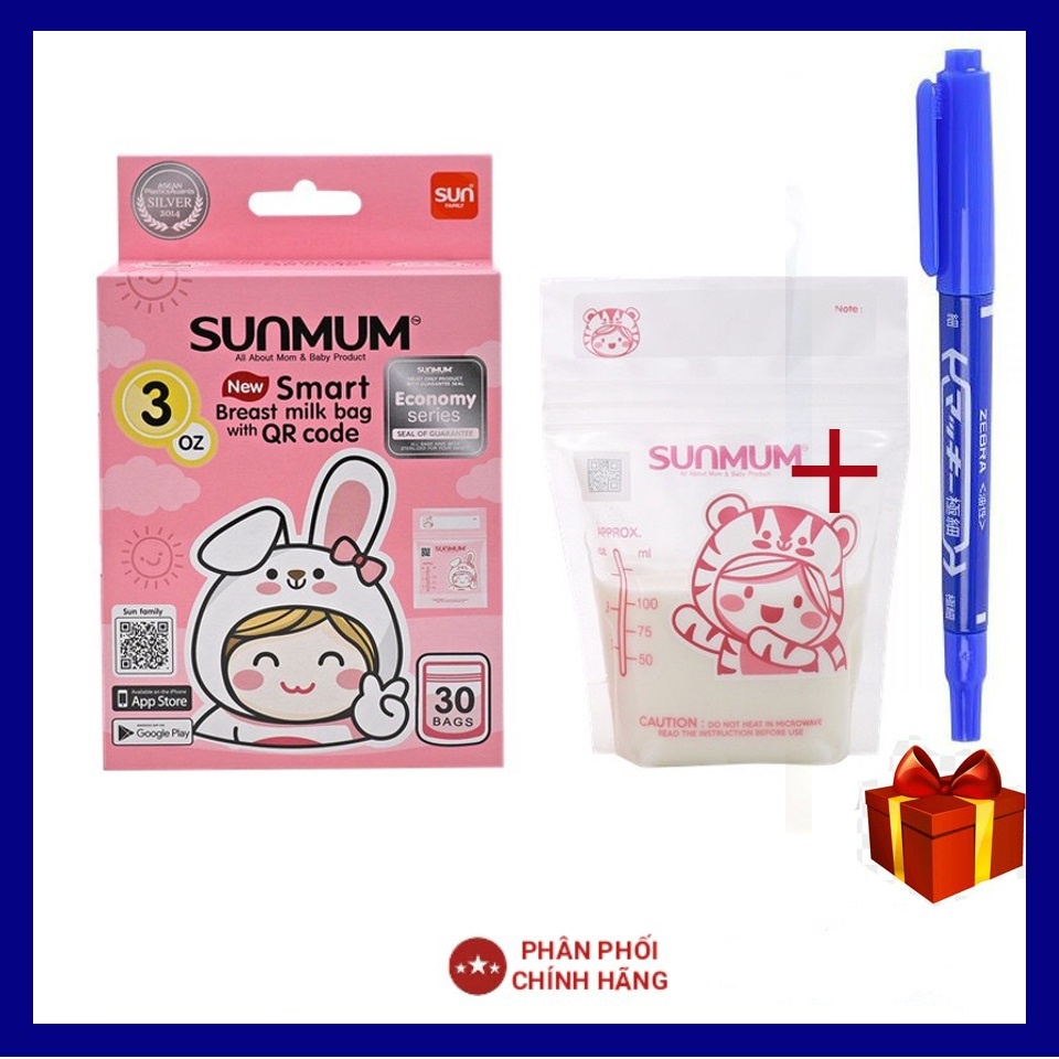 (FREESHIP ĐẾN 50k) [Có tem niêm phong] [Tặng bút] [HỒNG] HỘP 30 TÚI TRỮ SỮA CAO CẤP KHÔNG MÙI 3 KHÓA ZIP 100ml SUNMUM (Made in Thailand) NAM2