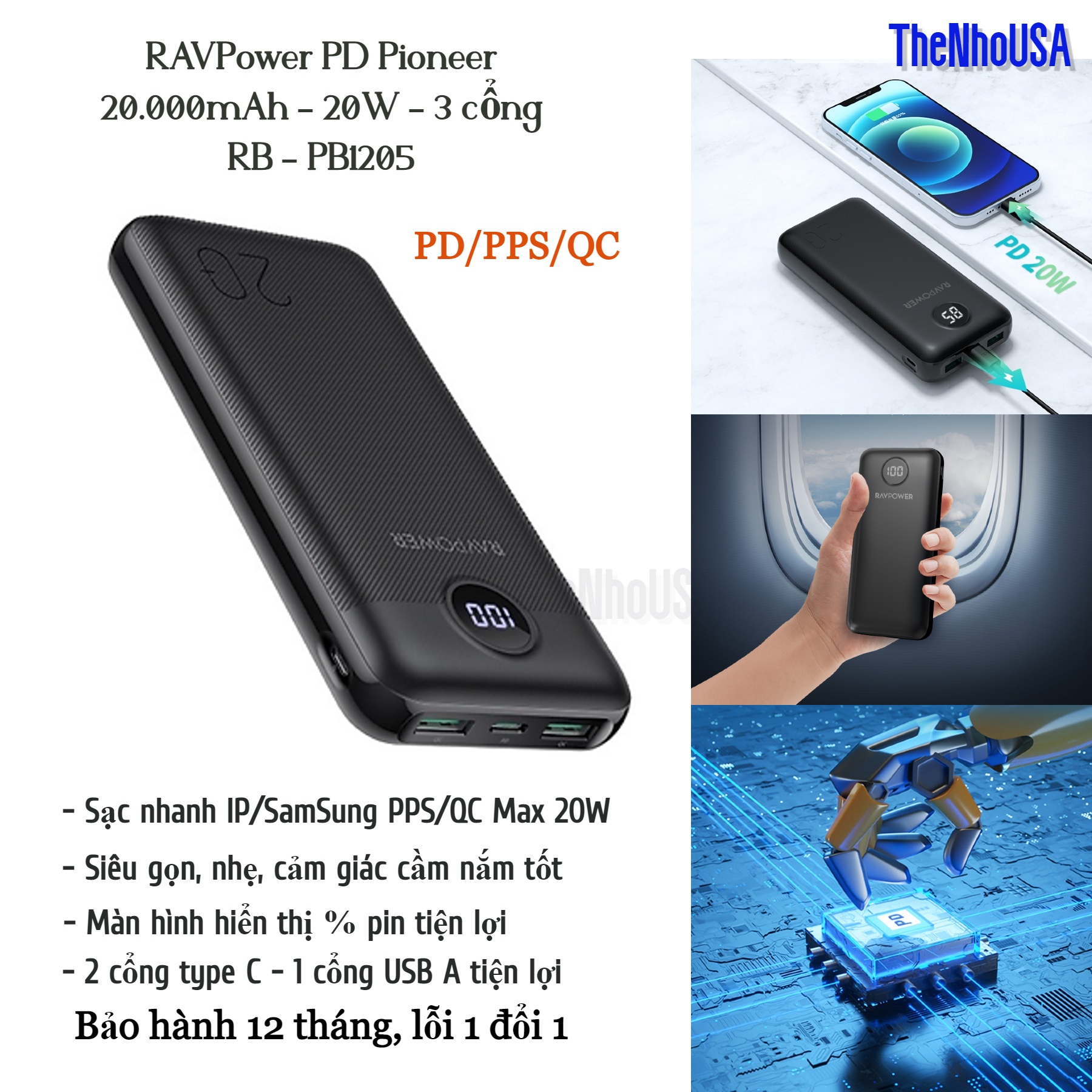Pin sạc dự phòng ravpower pd pioneer - 20w - 20.000mah - pd/pps/qc - rp - pb1205