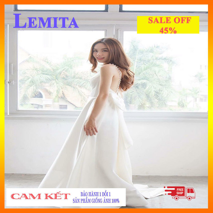 Đầm Maxi Dạ Hội Trắng Váy đầm dự tiệc sang trọng Phi Nơ Lưng - Hàng Thiết NT01 LEMITA