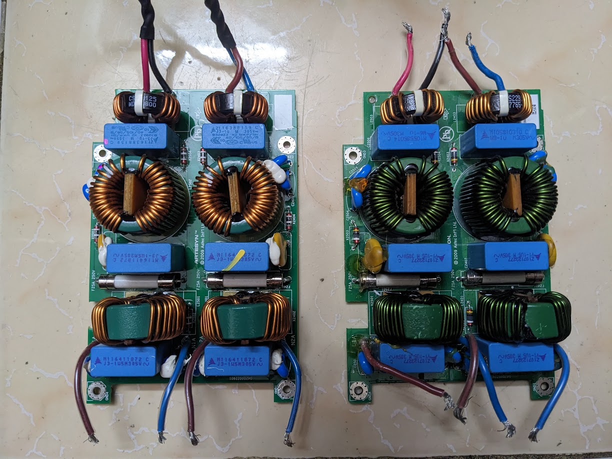 Vỉ mạch lọc nguồn emi của Emerson/Astec 3 tầng 2 kênh 20A tháo máy lắp biến áp cách ly, lọc nguồn