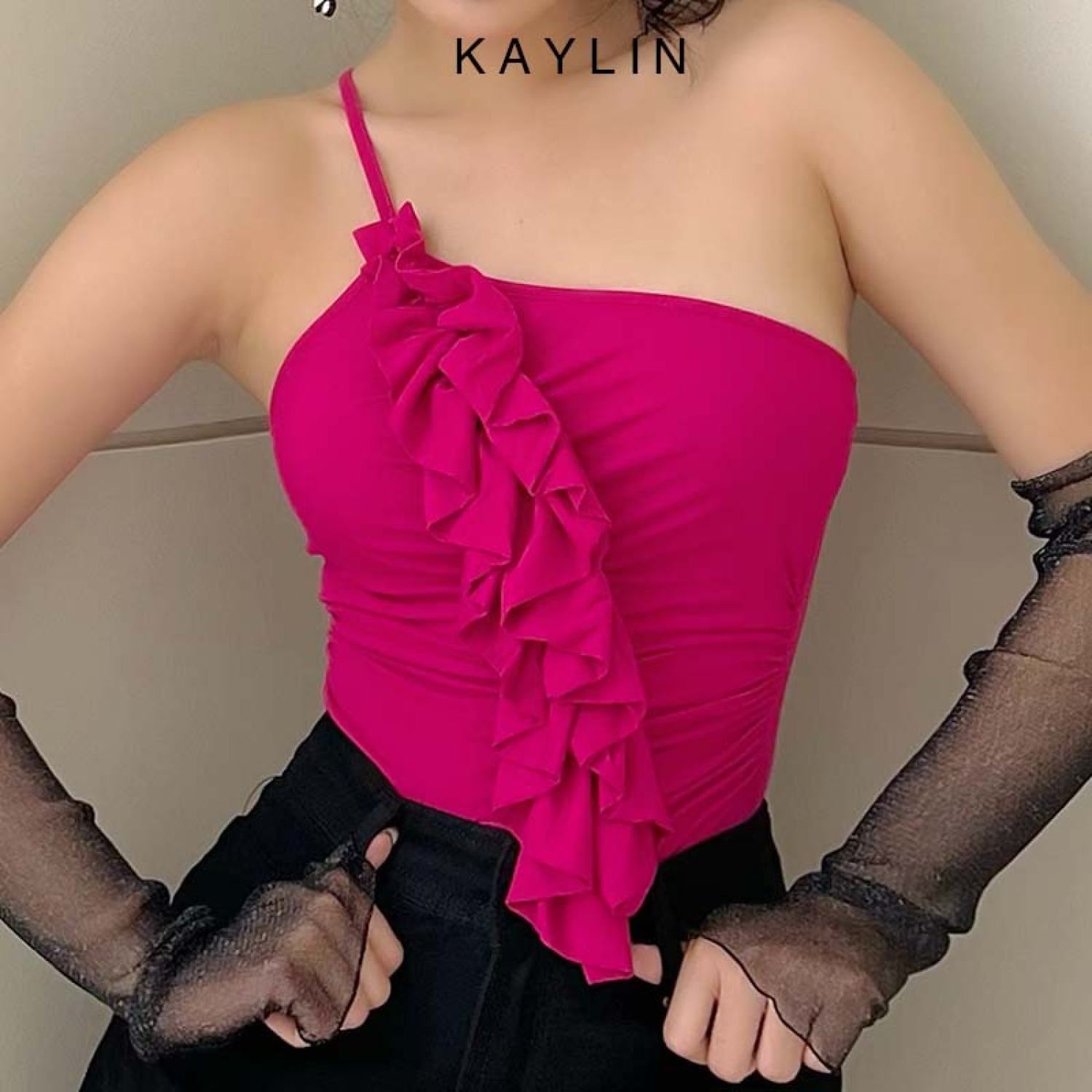 Áo kiểu phối bèo dây chéo phong cách kaylin - n1966