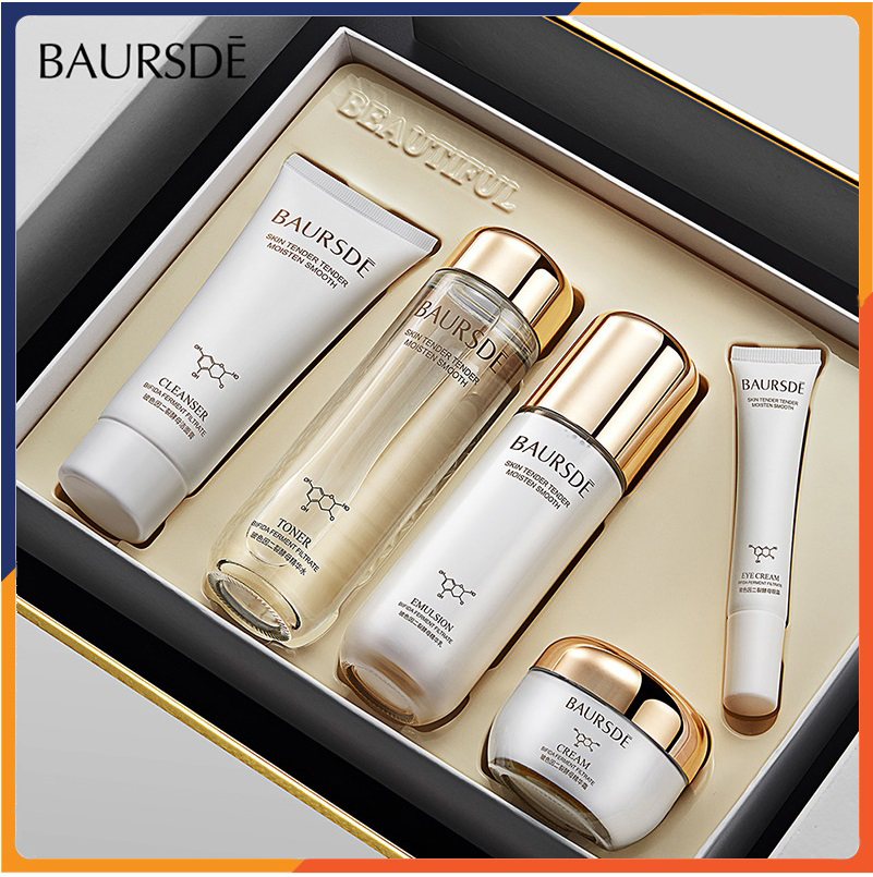 [NEWBOX] Bộ quà tặng mỹ phẩm dưỡng da, chăm sóc da mặt cao cấp BAURSDÈ 5 món: Sữa rửa mặt+Nước cân bằng da+Serum dưỡng ẩm+Sữa dưỡng ẩm+Kem dưỡng da giúp cấp ẩm, dưỡng trắng, chống lão hóa, trọn bộ skincare SPU182