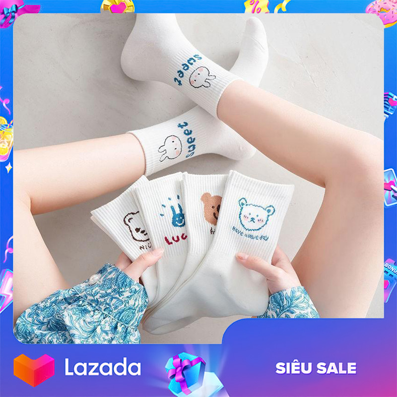 Set vớ 5 đôi Icon Gấu nâu tông trắng cổ cao