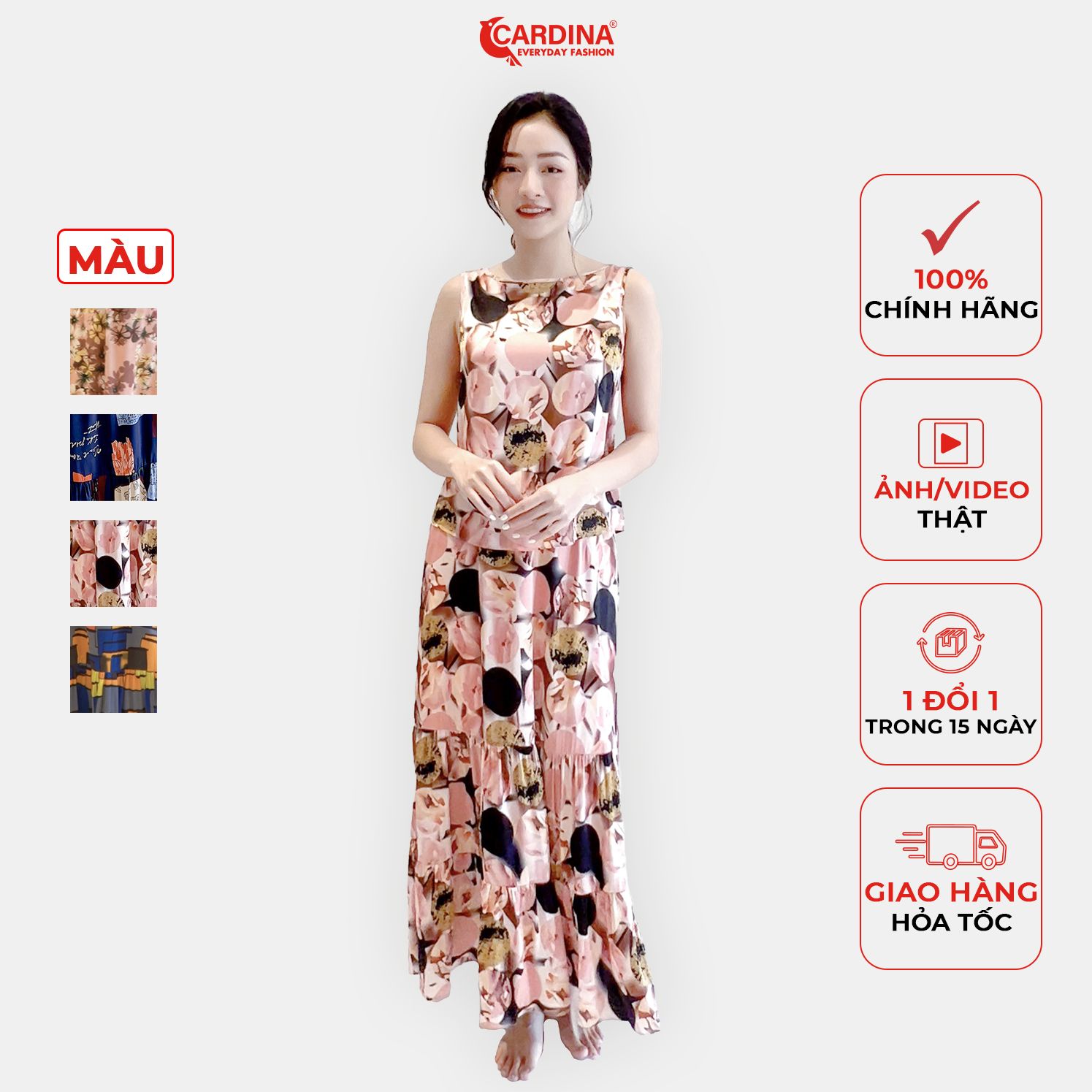 Set Đồ Nữ CARDINA Chất Lụa Satin Nhật Cao Cấp Áo Sát Nách Chân Váy Maxi Họa Tiết Trẻ Trung 2VS03