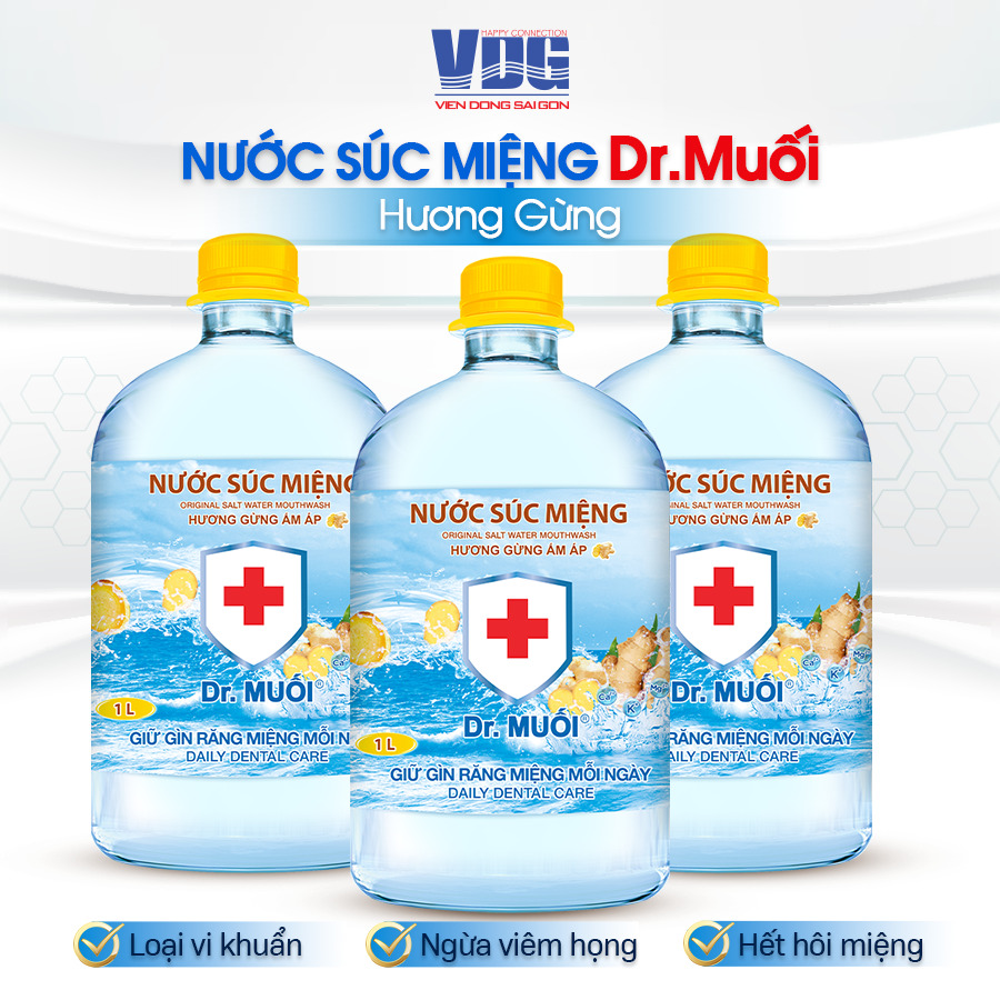 Nước súc miệng Dr. Muối hương gừng -1000ml - Ngừa viêm họng, sâu răng, loại vi khuẩn, trắng răng, hết hôi miệng - Vien Dong Sai Gon