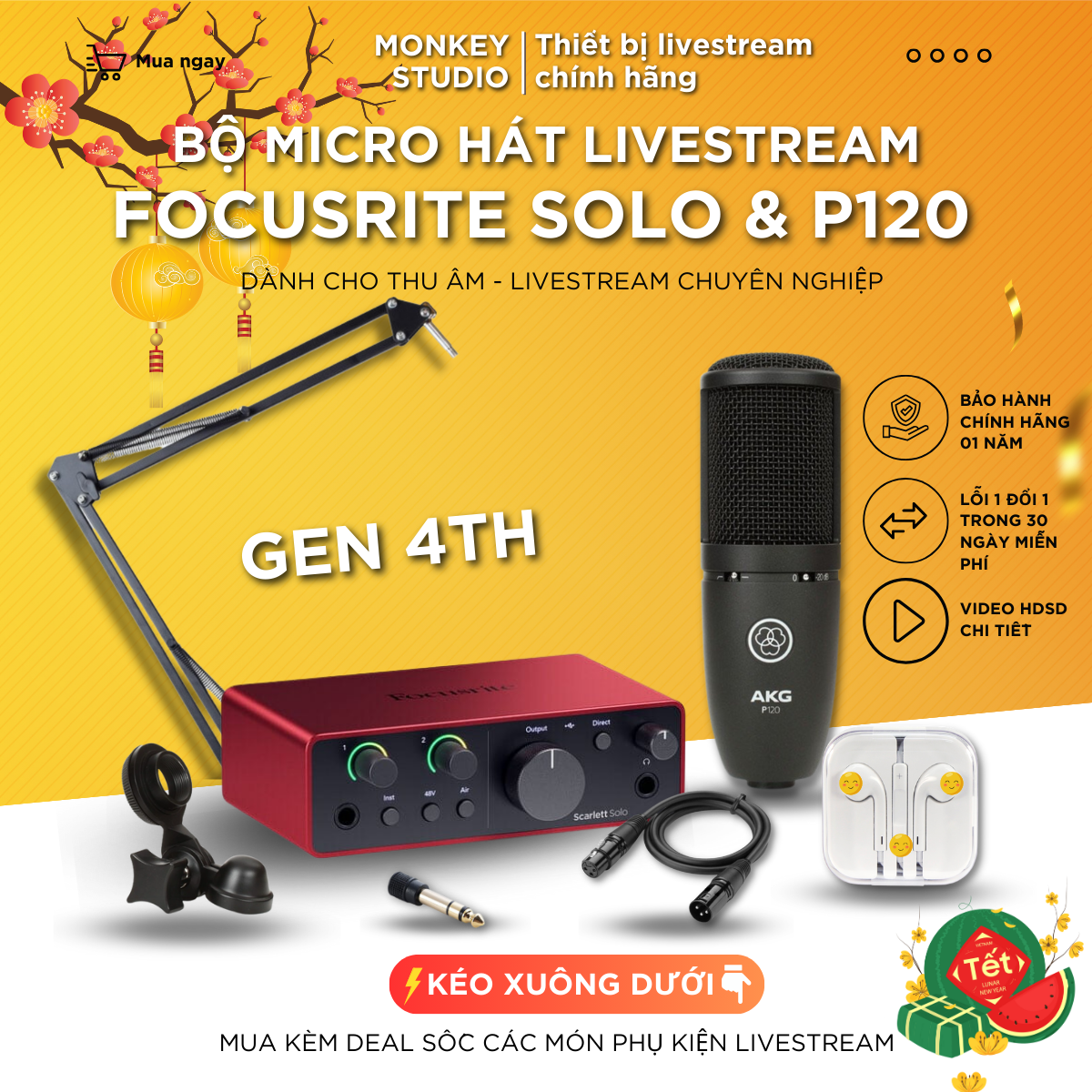 Mic livestream | micro thu âm sound card focusrite solo gen 4 & mic akg p120 hát live chuyên nghiệp, monkey studio