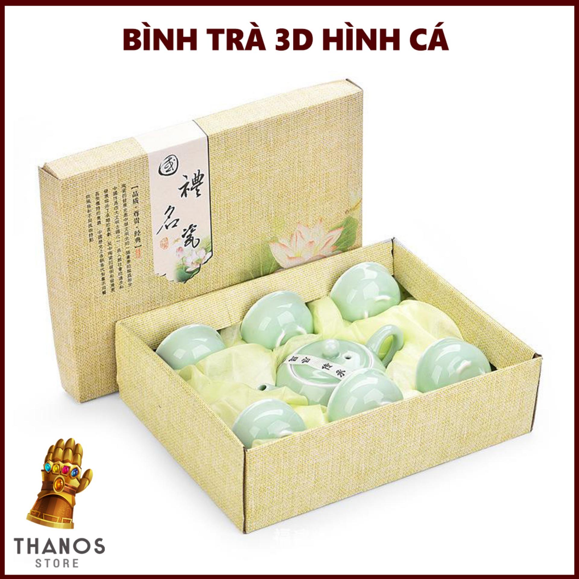Bộ Ấm Chén Ngọc 3D Hình Cá sứ cao cấp in họa tiết hình cá nổi 3D đẹp mắt - Thanos Store