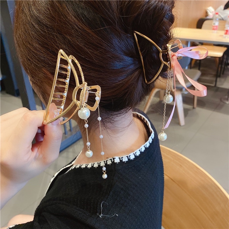 Kẹp tóc càng cua hình nơ voan đính hạt ngọc