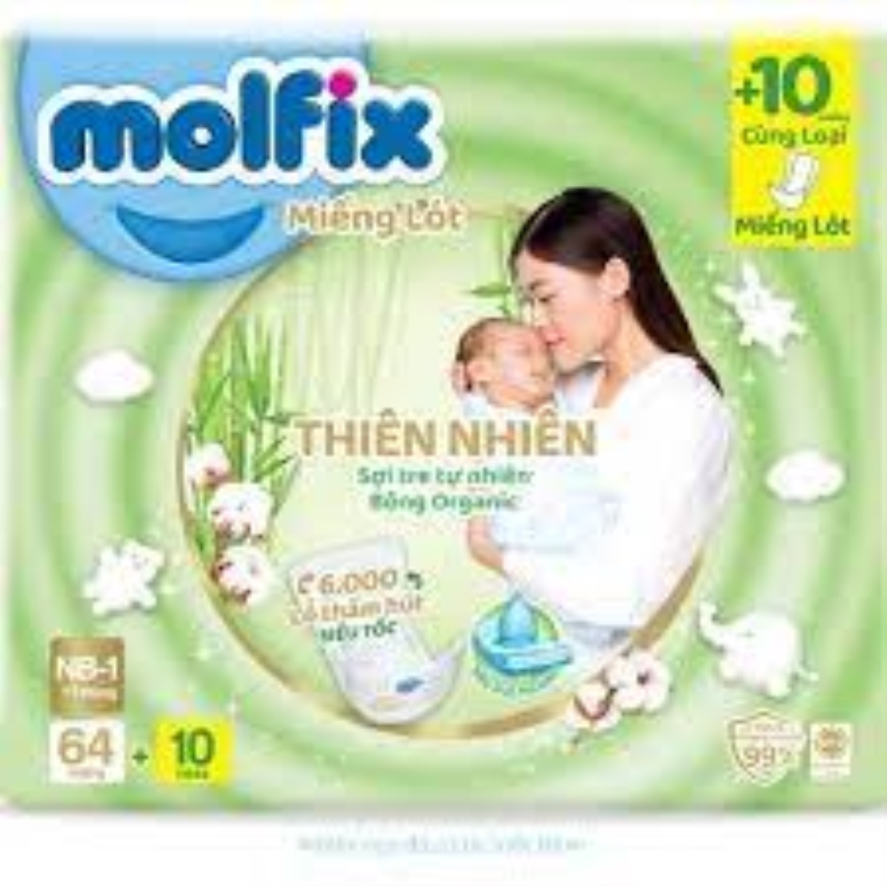 Miếng Lót Sơ Sinh  Molfix Thiên Nhiên  Cho Bé ( Dưới 1 Tháng Tuổi) -  Bịch ( 64 10 miếng )  Bịch ( 90  10 miếng) HOT SALE