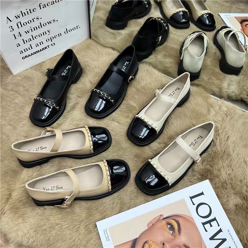 Giày búp bê nữ họa tiết quai da phối xích tiểu thư sang chảnh mẫu mới năm nay