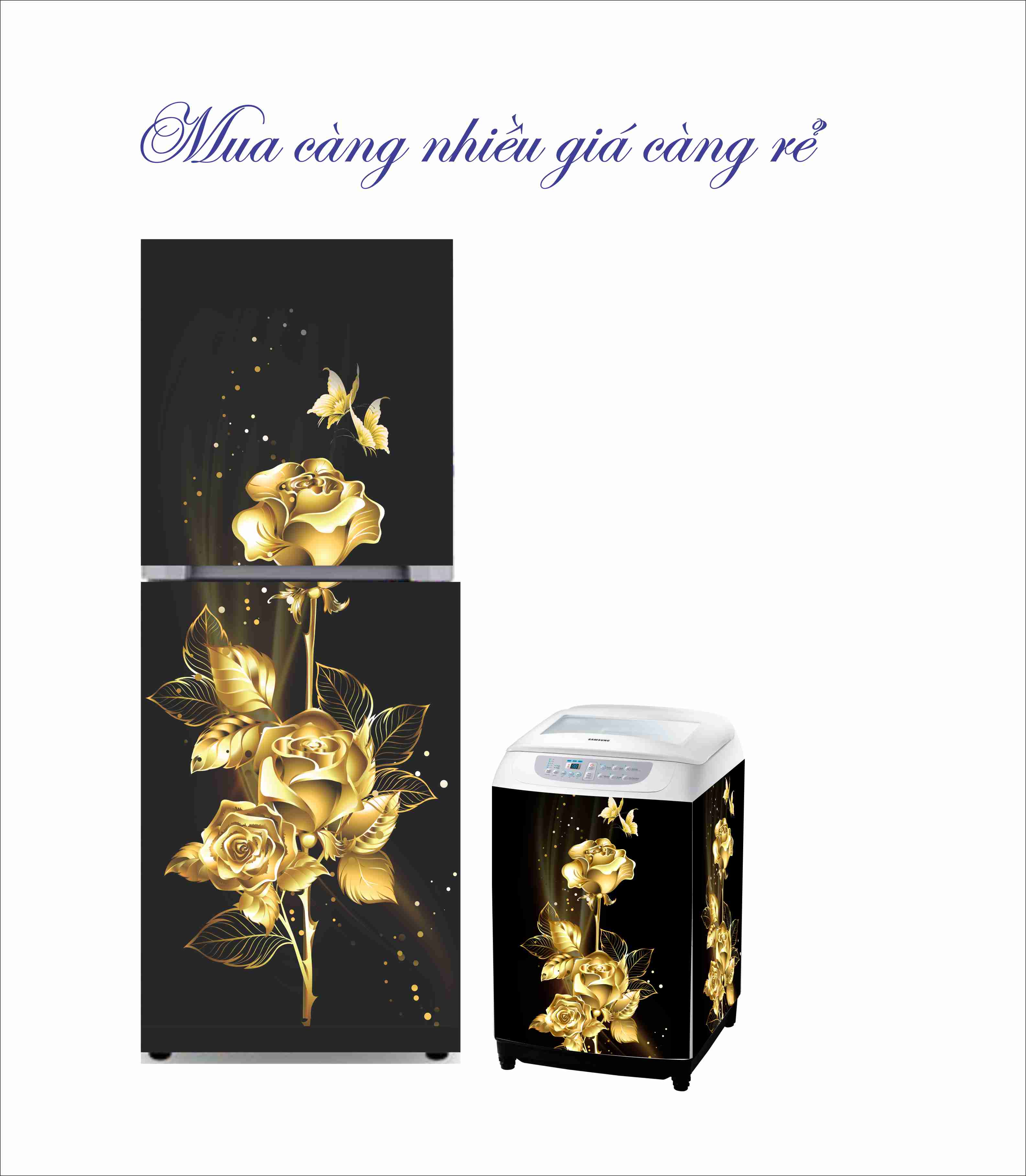 Decal dán tủ lạnh - máy giặt không thấm nước mẫu hoa hồng vàng - combo 2 loại