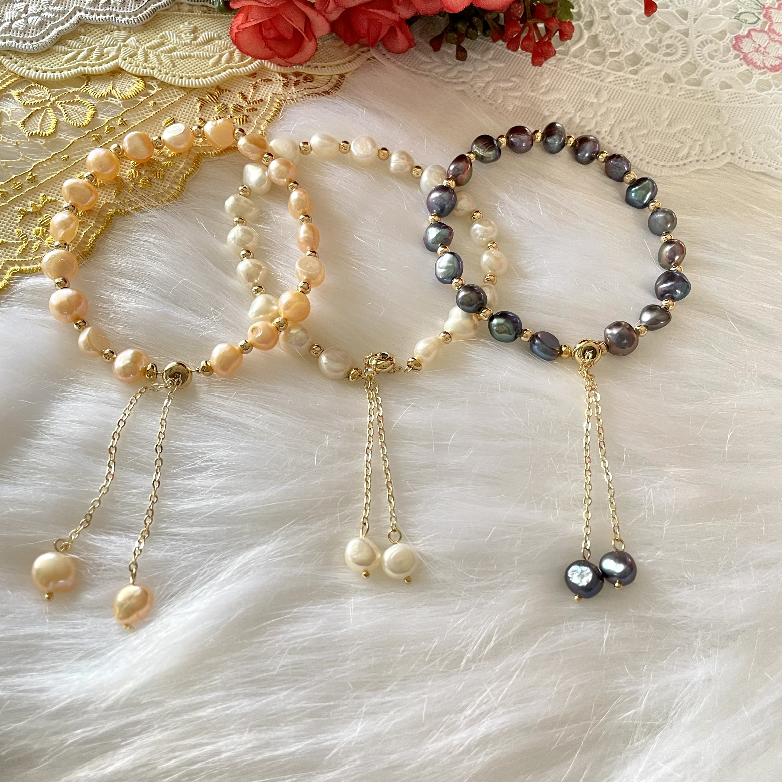 Vòng tay hạt ngọc trai nuôi nước ngọt sang trọng, thời trang có thể điều chỉnh dây khi đeo