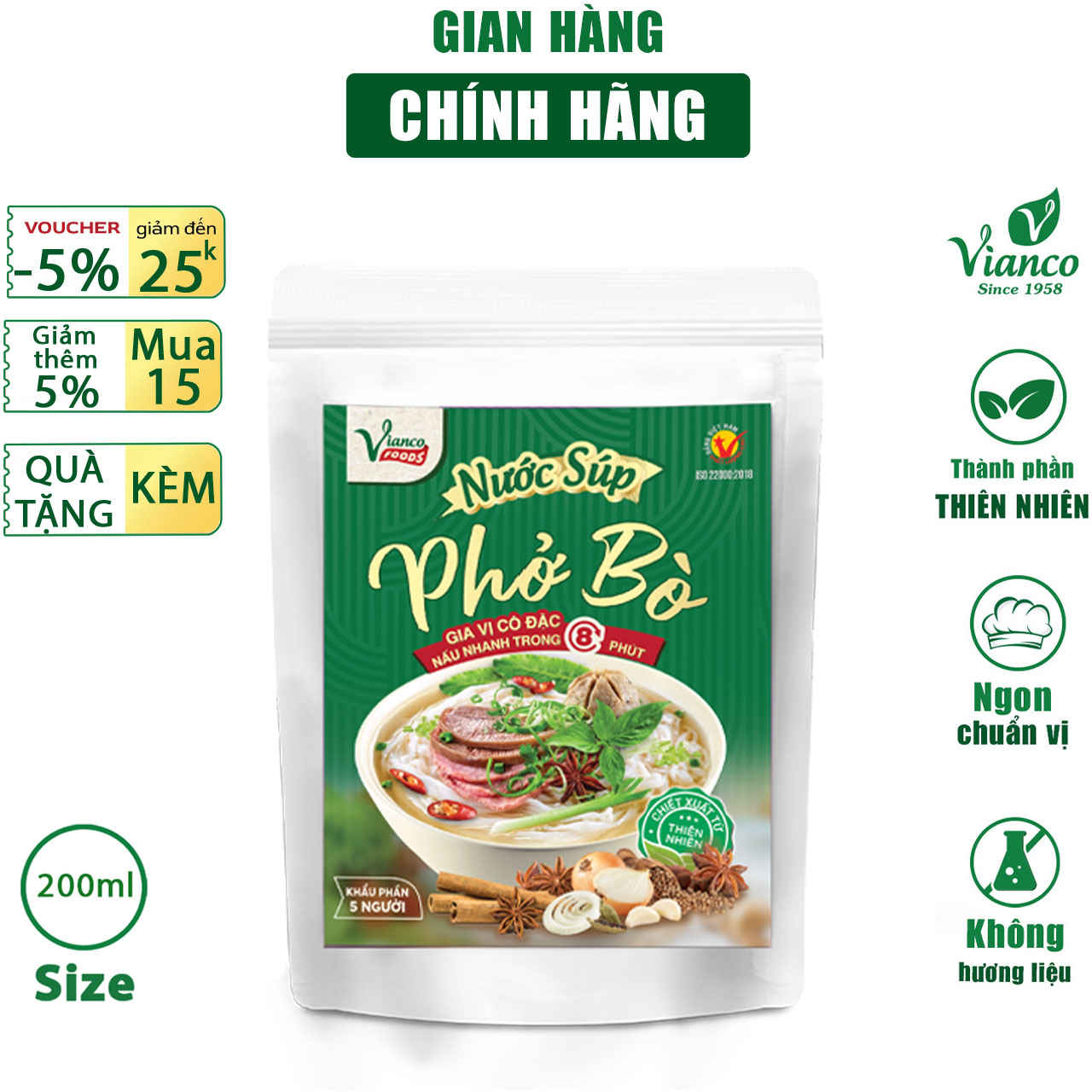 Nước sốt nấu Phở Bò Vianco gói 200ml nấu nhanh trong 5 phút gia vị nêm sẵn chuẩn vị không cần nêm nếm - Gia vị Việt Ấn