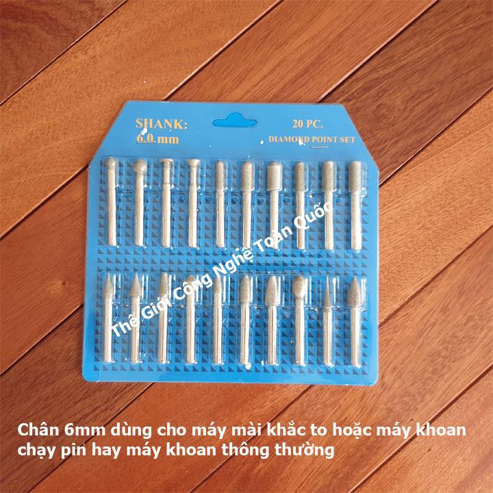 Bộ 20 mài chạm khắc phủ kim cương chân 6mm dùng cho khoan đa năng mini cầm tay hoặc máy khoan pin - mũi mài chân 6ly - mũi mài chân 6mm