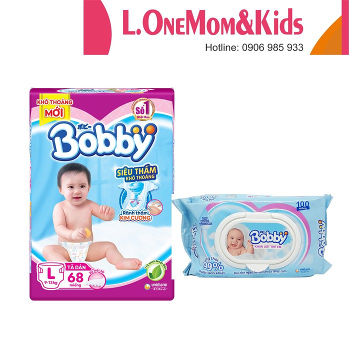 [TẶNG KHĂN ƯỚT BOBBY 100 TỜ ] Tã/ Bỉm dán Bobby siêu thấm - khô thoáng L68 miếng (9-13kg) Rãnh thấm Kim Cương