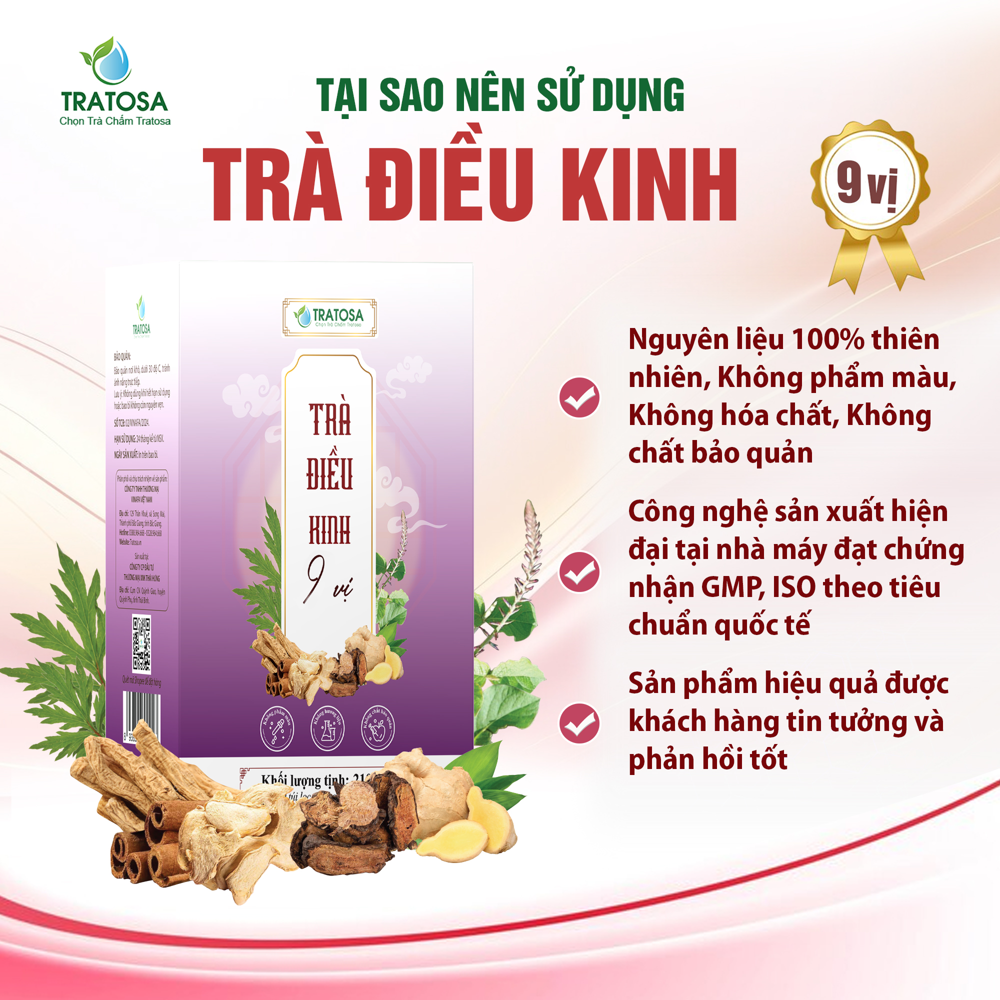 Trà điều kinh TRATOSA 9 vị thảo dược giúp điều hòa kinh, ổn định vòng kinh, giảm đau bụng, lưng ngày đèn đỏ an toàn