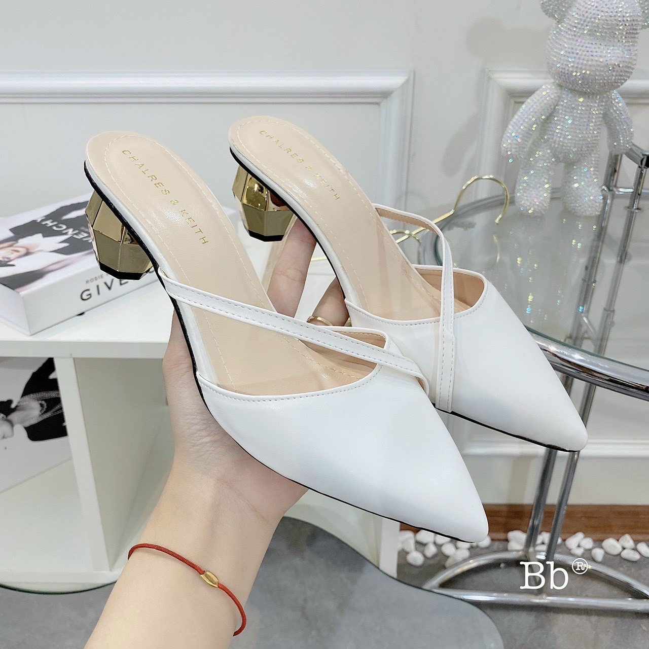 Dép sục nữ cao gót mũi nhọn da lì quai chéo gót tròn vàng 5cm-837